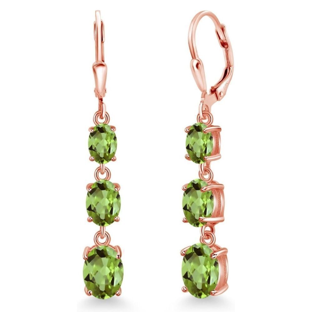 18K Rose Gold with 5.64 Cttw 3 Stone Peridot Dangling Leverback Drop Earrings